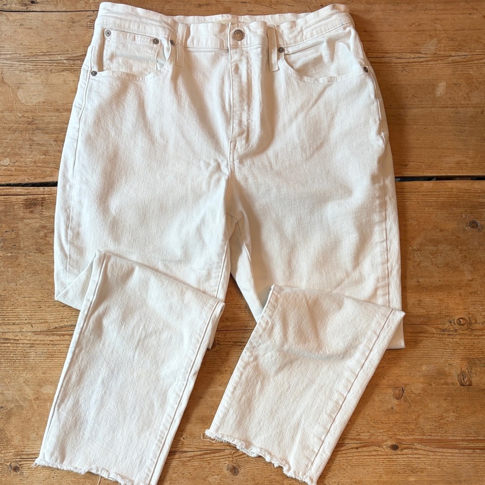 Madewell White High-Rise Slim Cropped Boyfriend Jean  with fray opening classic